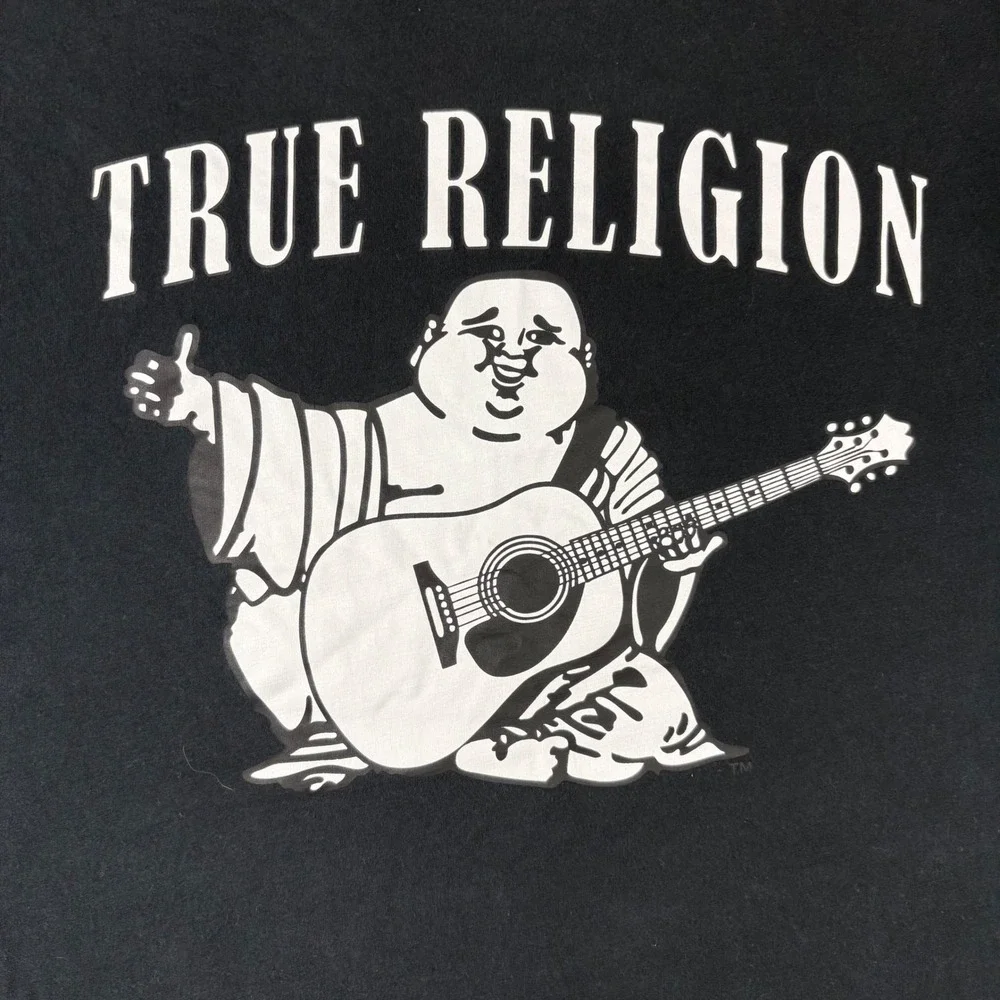 True Religion Mens Black Buddha Guitar Graphic T-Shirt Large Short Sleeve Tee